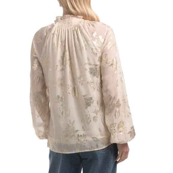 HAVER + BLAIR Ivory/Gold Yoryu With Floral Foil Printed Long Sleeve Top - Picture 2 of 2